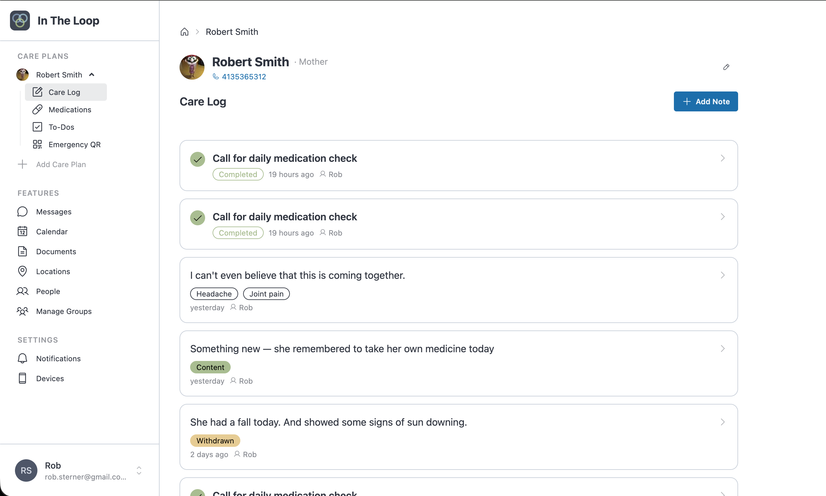In The Loop screenshot showing medication tracking and care notes