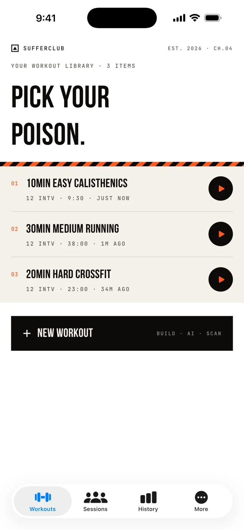 The SufferClub workout library, listing saved workouts ready to start