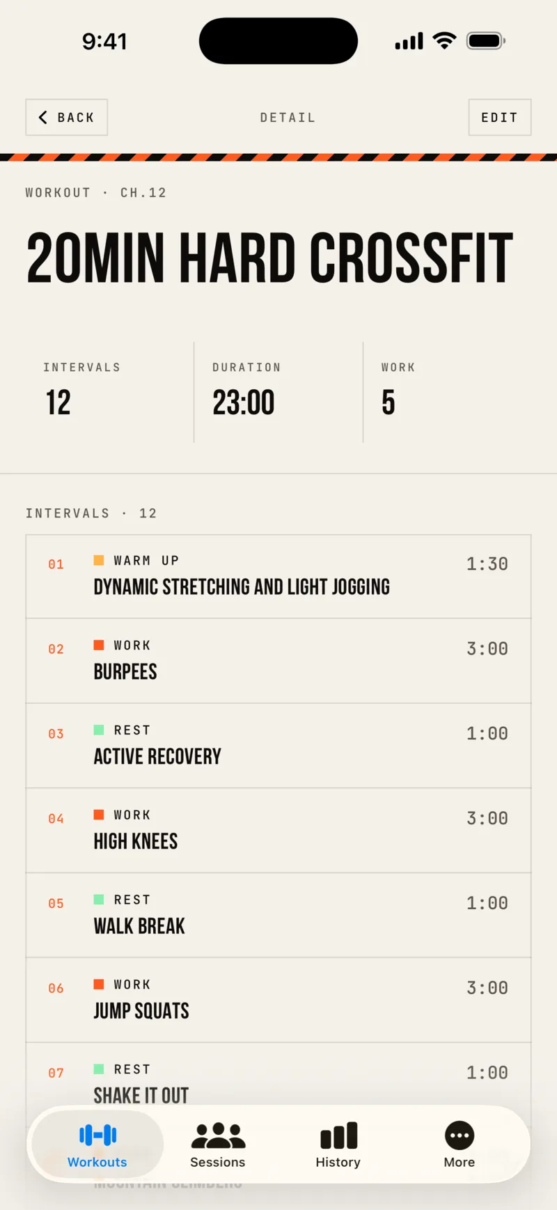 A SufferClub workout broken into timed work and rest intervals